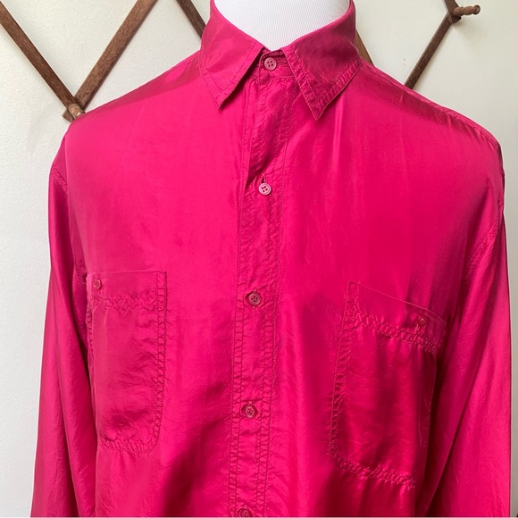 NWT 1980s Neon Pink Silk Two Pocket Button Up Shirt - Picture 2 of 14